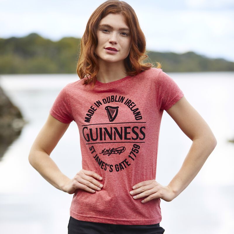 Ladies Guinness T-Shirt With Made In Dublin Bottle Label  Pink Colour